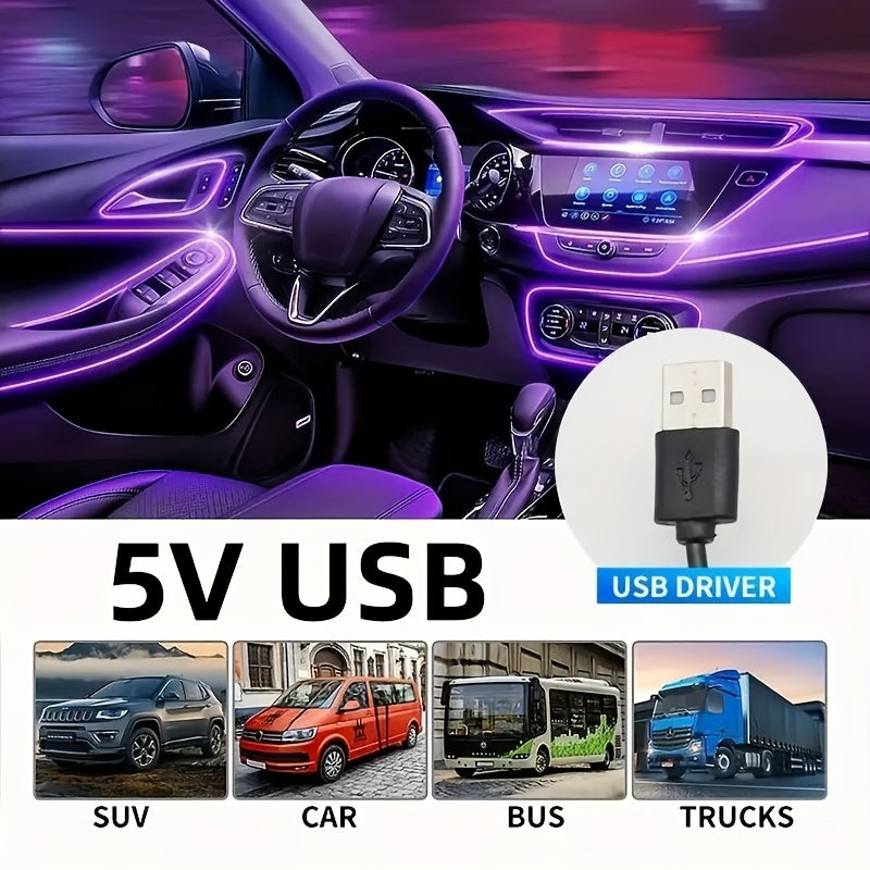 196.85inch Car Environment El Wire LED USB Flexible Neon Interior Lights Set RGB Lighting for Vehicle Decorative Accessories