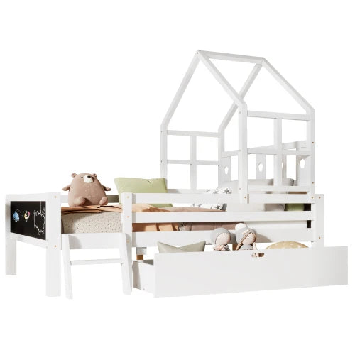 FCJ Solid Wood Platform Full-Size House Bed Ladder Storage Drawers 2 Blackboard Designs White-Kids' Beds No Box Spring Needed