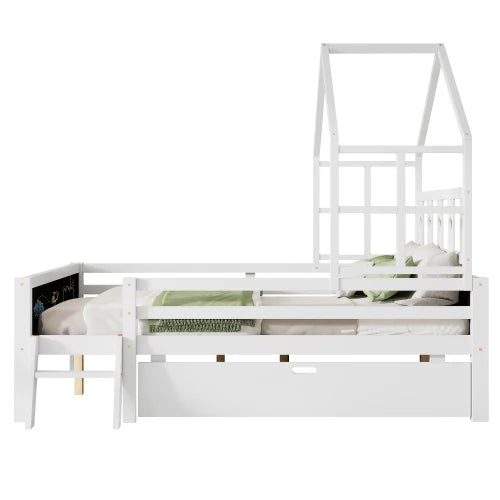 FCJ Solid Wood Platform Full-Size House Bed Ladder Storage Drawers 2 Blackboard Designs White-Kids' Beds No Box Spring Needed