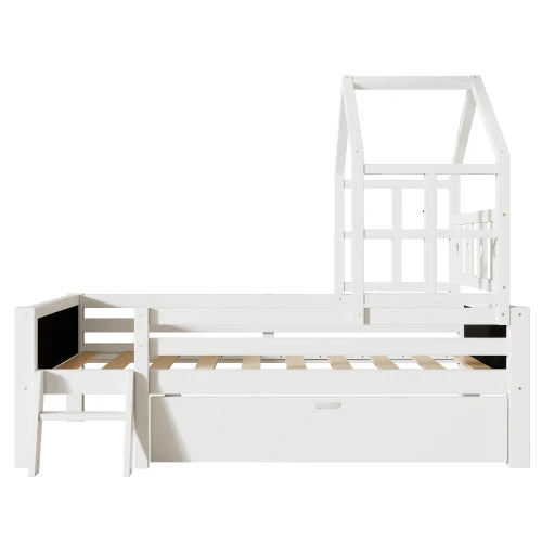 FCJ Solid Wood Platform Full-Size House Bed Ladder Storage Drawers 2 Blackboard Designs White-Kids' Beds No Box Spring Needed