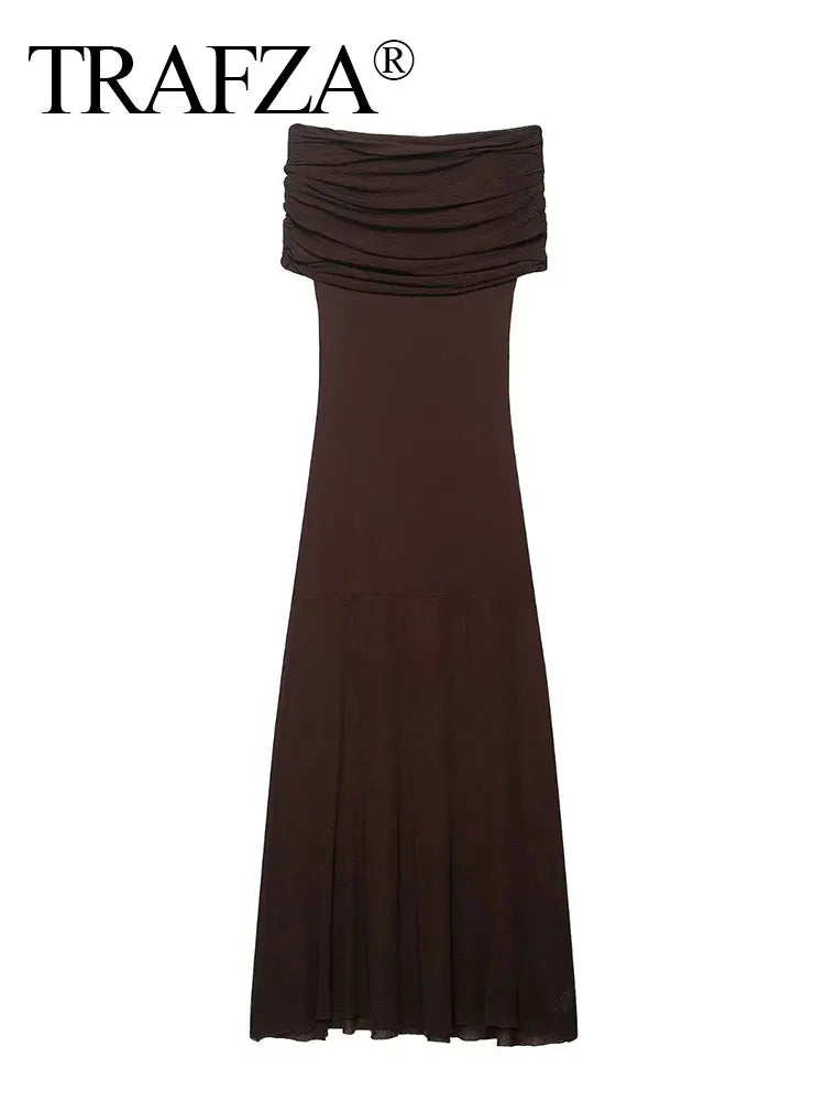 TRAFZA Elegant Off-shoulder Knitted Midi Dresses For Women Autumn Fashion Solid Sleeveless Pleated A-line Party Vintage Dresses
