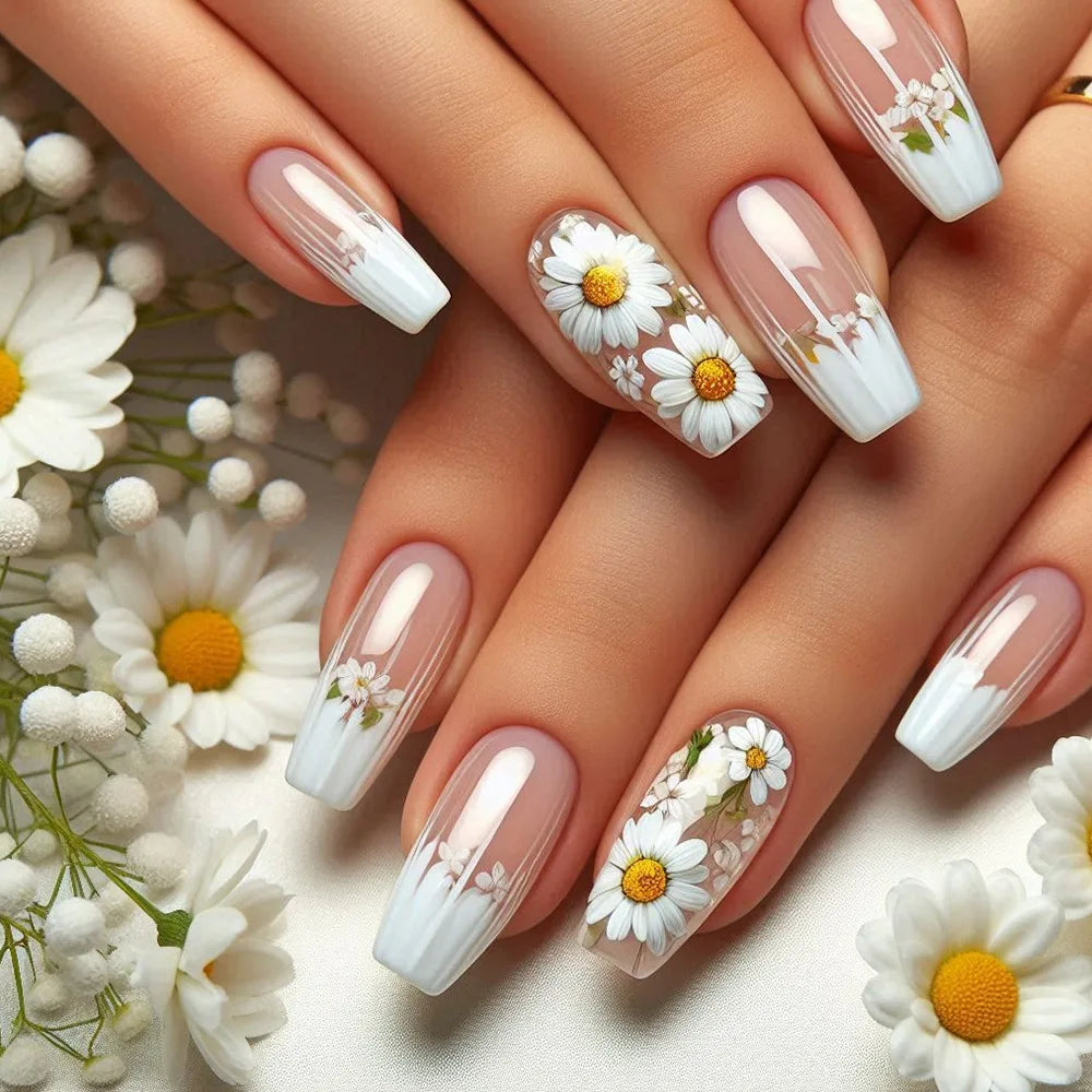 24Pcs White Fashion Short Square Press on Nails Wearable with French Ink Wash Fresh Nails Set Chinese Style False Nail Tips Art