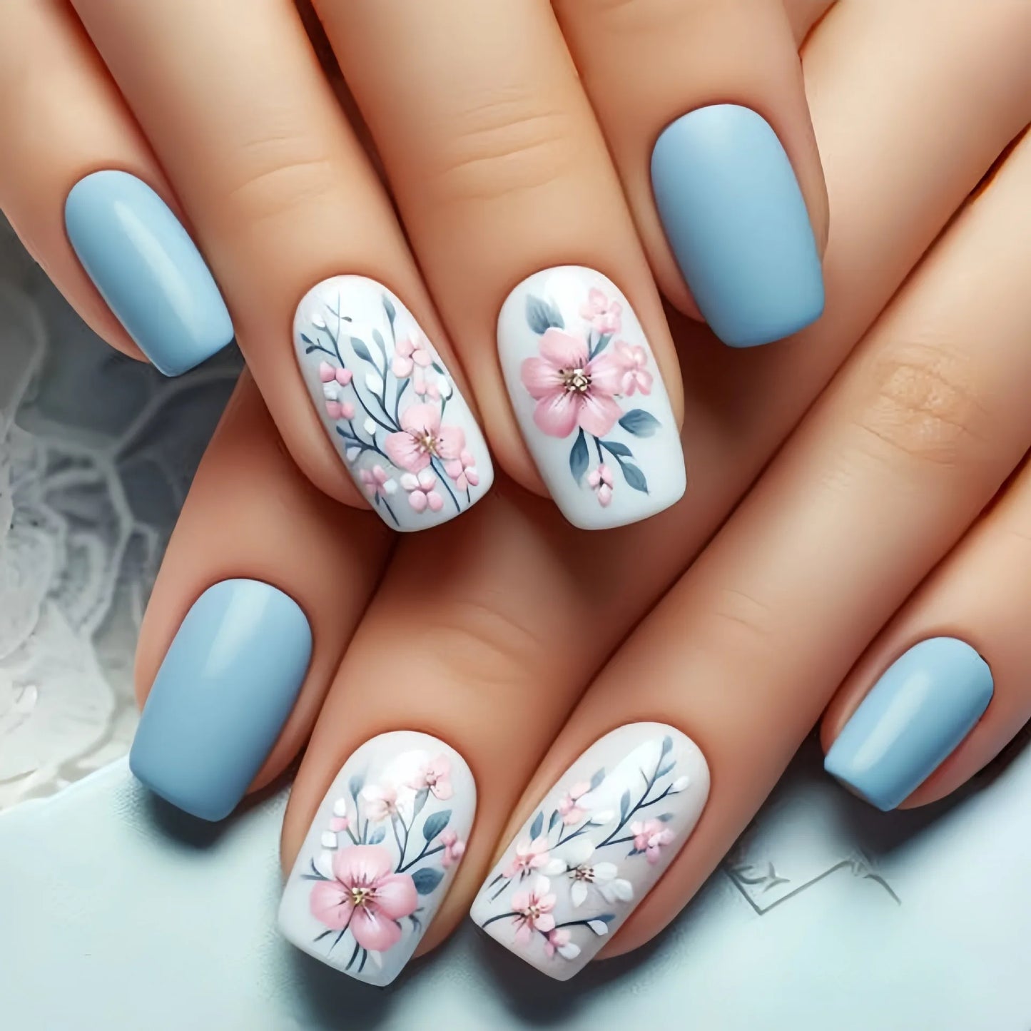 24Pcs White Fashion Short Square Press on Nails Wearable with French Ink Wash Fresh Nails Set Chinese Style False Nail Tips Art