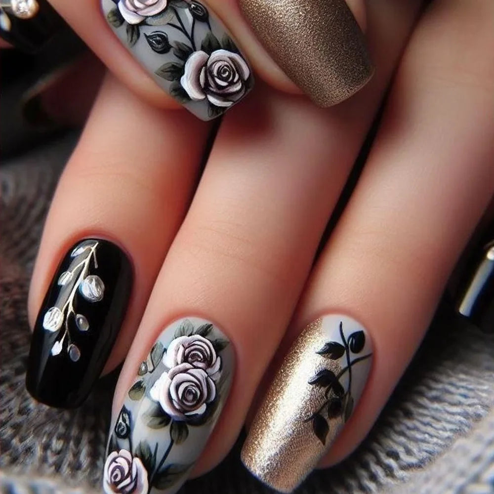 24Pcs White Fashion Short Square Press on Nails Wearable with French Ink Wash Fresh Nails Set Chinese Style False Nail Tips Art