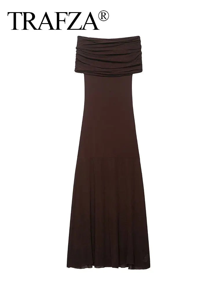 TRAFZA Elegant Off-shoulder Knitted Midi Dresses For Women Autumn Fashion Solid Sleeveless Pleated A-line Party Vintage Dresses