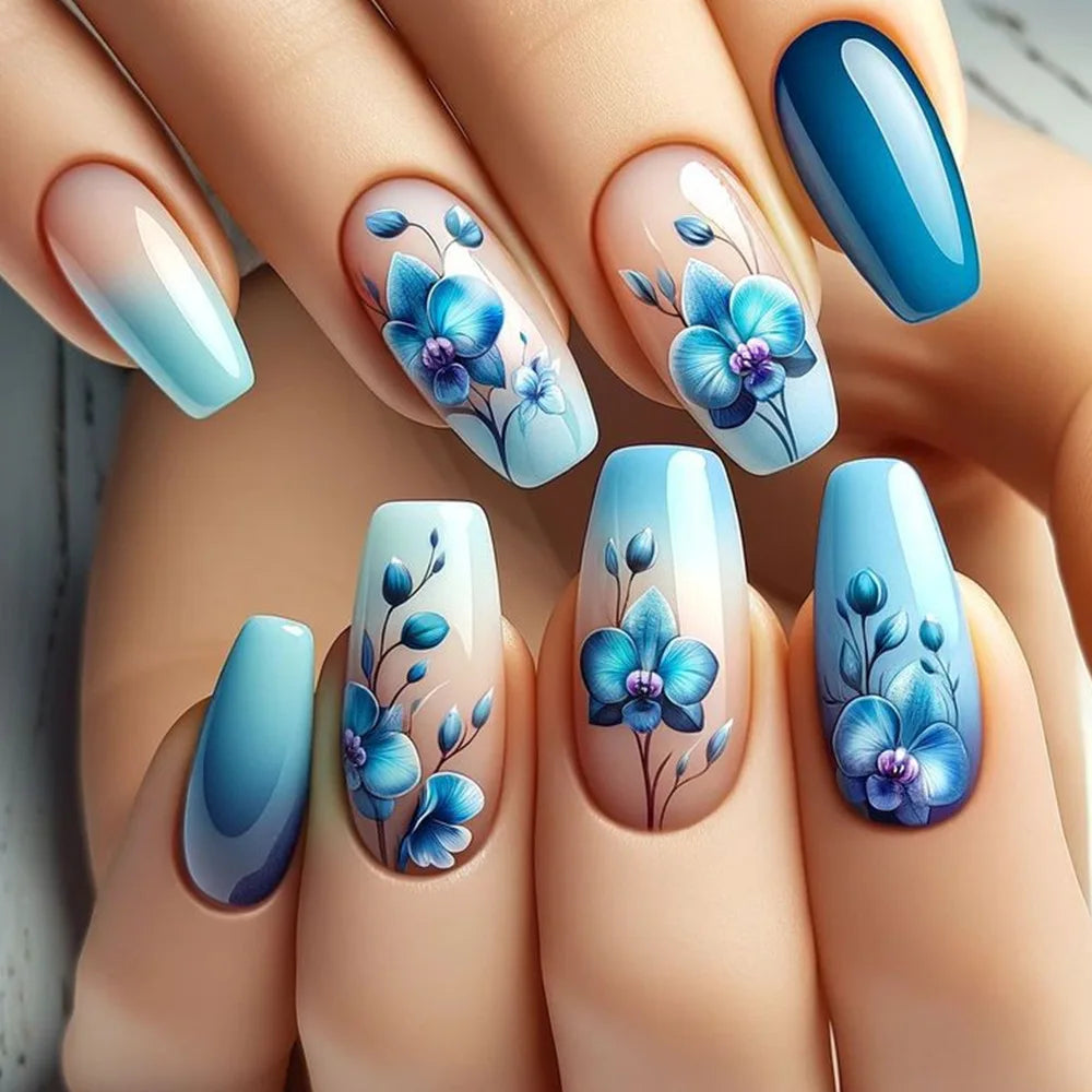 24Pcs White Fashion Short Square Press on Nails Wearable with French Ink Wash Fresh Nails Set Chinese Style False Nail Tips Art