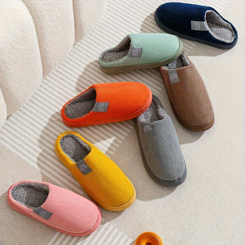 [Warm Slippers] Warm Plush Slip-On Slippers | Unisex Winter Non-Slip Rubber Sole Indoor House Shoes for Home - Multi-Color Options (Beige, Blue, Yellow, Green, Grey, Pink), Cute Slippers, Soft Texture Footwear