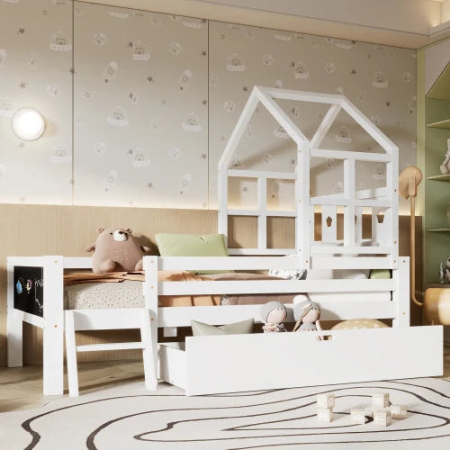 FCJ Solid Wood Platform Full-Size House Bed Ladder Storage Drawers 2 Blackboard Designs White-Kids' Beds No Box Spring Needed