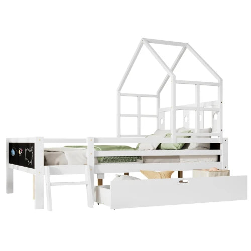 FCJ Solid Wood Platform Full-Size House Bed Ladder Storage Drawers 2 Blackboard Designs White-Kids' Beds No Box Spring Needed