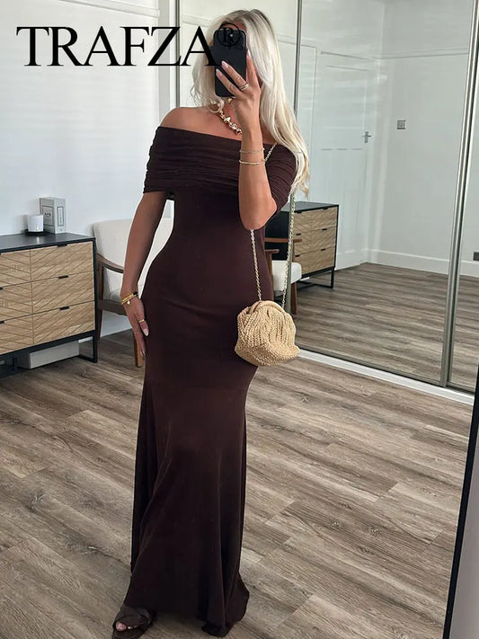 TRAFZA Elegant Off-shoulder Knitted Midi Dresses For Women Autumn Fashion Solid Sleeveless Pleated A-line Party Vintage Dresses