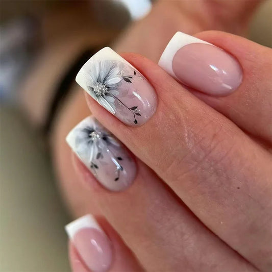 24Pcs White Fashion Short Square Press on Nails Wearable with French Ink Wash Fresh Nails Set Chinese Style False Nail Tips Art