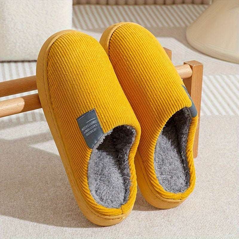 [Warm Slippers] Warm Plush Slip-On Slippers | Unisex Winter Non-Slip Rubber Sole Indoor House Shoes for Home - Multi-Color Options (Beige, Blue, Yellow, Green, Grey, Pink), Cute Slippers, Soft Texture Footwear
